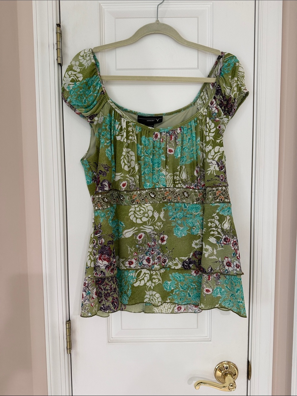 Venezia Olive and Turquoise Floral Short Sleeve Peplum Top 18/20